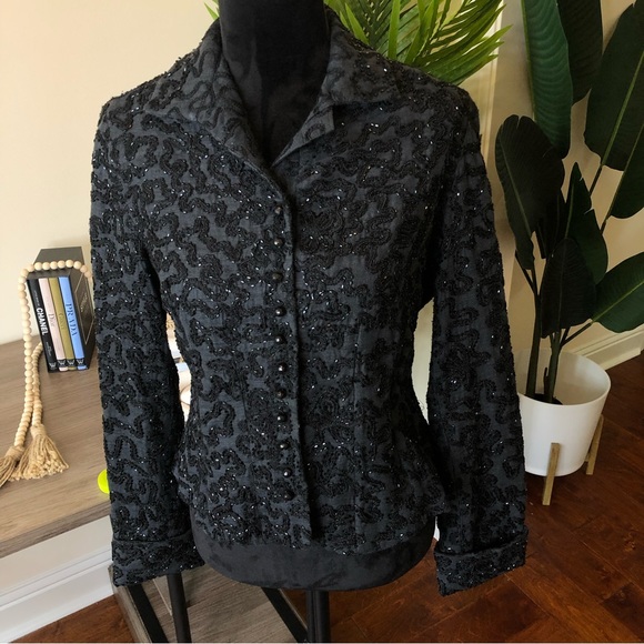 RALPH LAUREN Silk Blend Exquisite Beaded Smokey Gray Black Onyx Button Blazer M - Picture 2 of 9